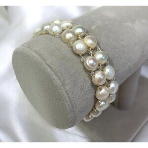 Genuine Pearl Dual Strand Braided Stretch Bracelet Regency White Coin Pearls OS